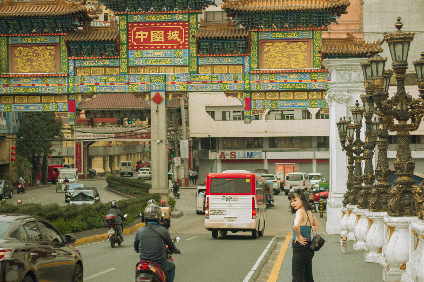 Traffic near traditional Chinatown in daytime